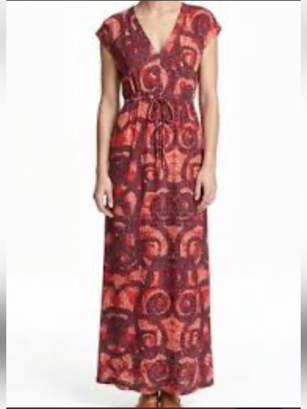 H&M Red and Burgundy Patterned V-Neck Lightweight Maxi Dress retails $40